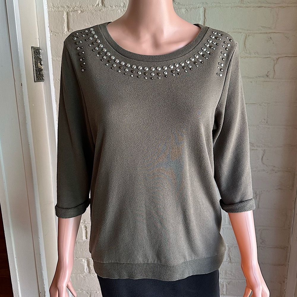 H & M size medium olive green scoop neck beaded boho blouse top